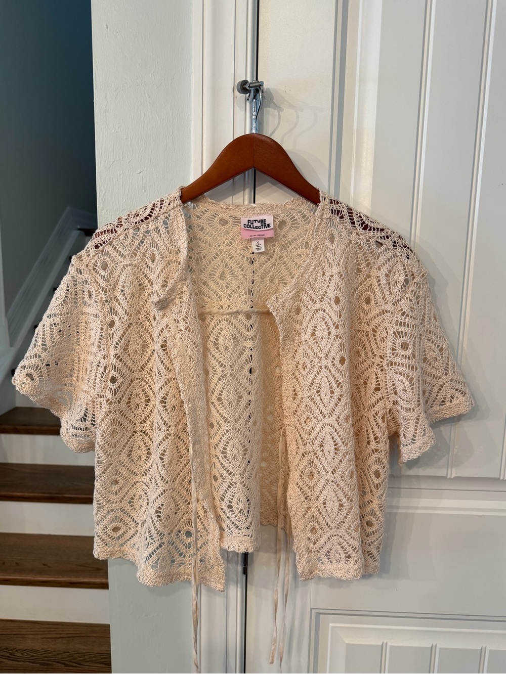 Boho Cream Crochet Short-Sleeve Cardigan Future Collective Size XL
